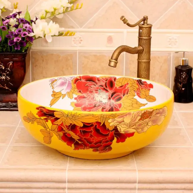 

China Jingdezhen factory direct color glazed artistic ceramic washing basin Bathroom Vessel Sinks Round counter top vessel sink