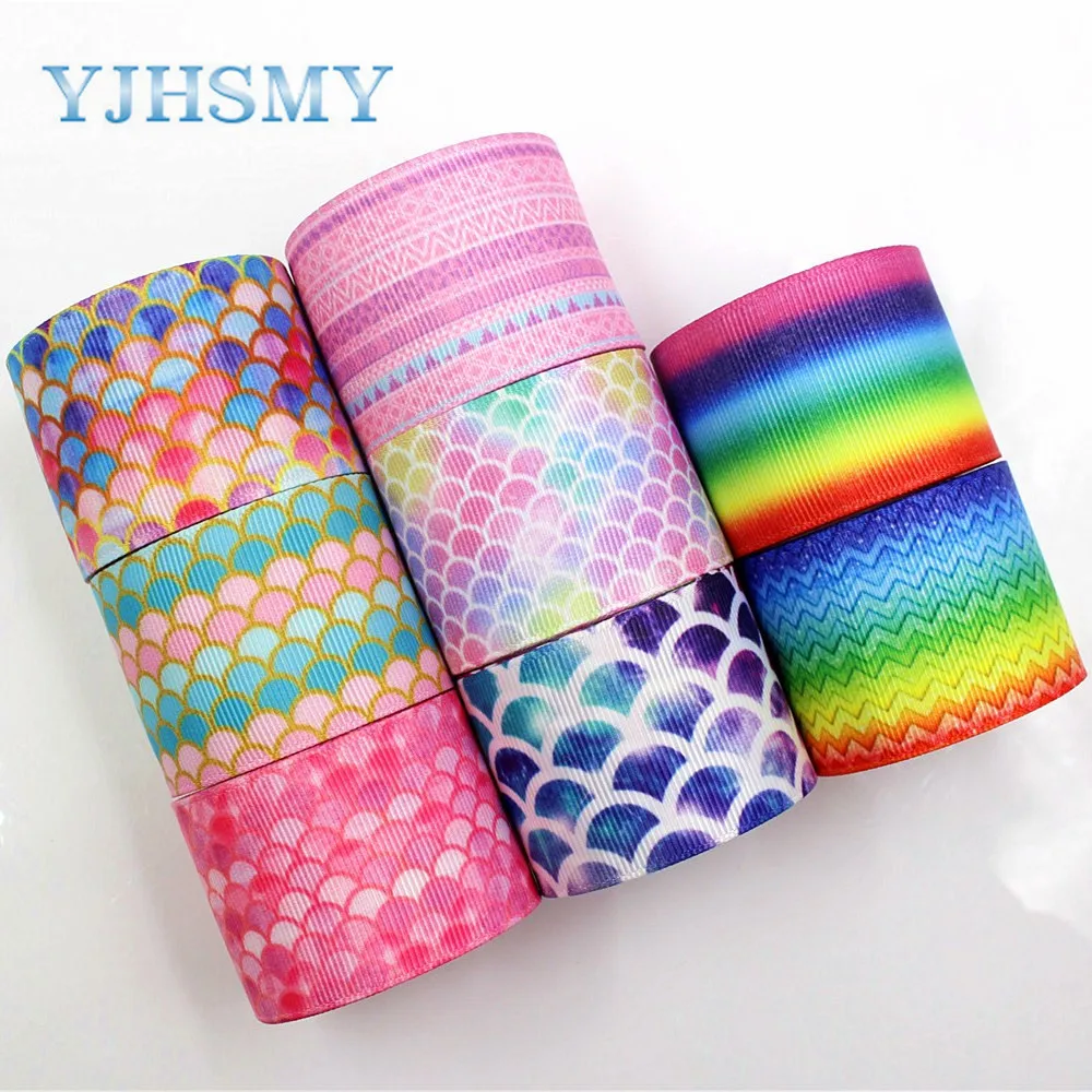 YJHSMY C-18317-60,38 mm 5 Yards Fish scale ripple Printed grosgrain ribbons,DIY handmade Hair accessories,gift wrap Material