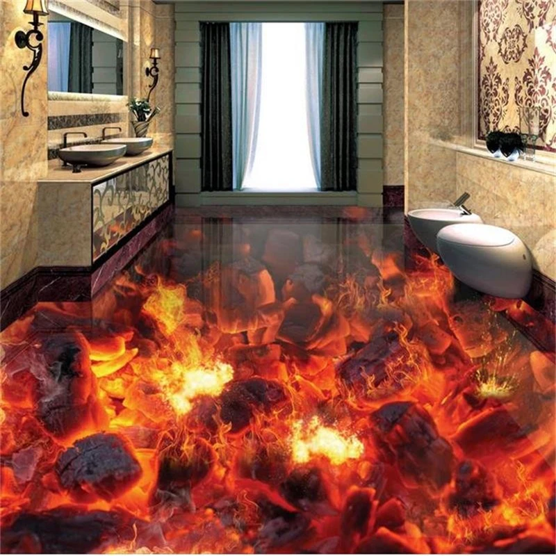 beibehang 3D PVC Flooring Custom Bathroom Flooring Wallpaper Flame Combustion Waterproof  floor Murals Photo Wallpaper For Walls