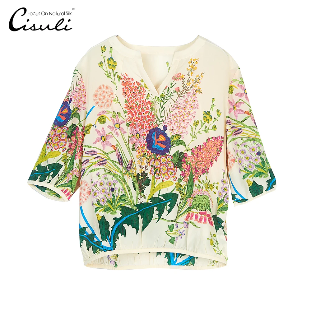 

CISULI 100% Silk Crepe Shirts Summer Blouses Floral Printed Shirt Half Sleeve Women Shirt Cream Color