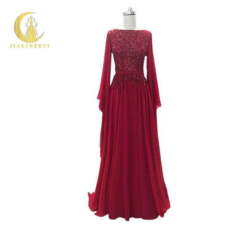 JIALINZEYI Real Pictures Wine Red Crystal Beads A-line Chiffon Elie Saab V Backless evening Dresses Fromal Party dresses