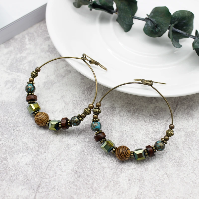 серьги женск Trendy Bohemian National Retro Irregular Circle Round Wooden Little Beads Classic Drop Earrings Holiday Jewelry New
