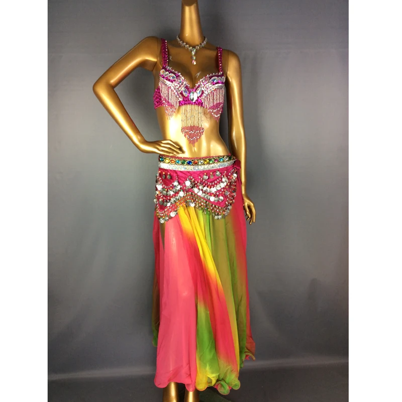 

New Sexy Beaded Bellydancing Clothes 3pc Bra Scarf Long Skirt Performance Suit Outfit Women's Carnival Belly Dance Costume Set