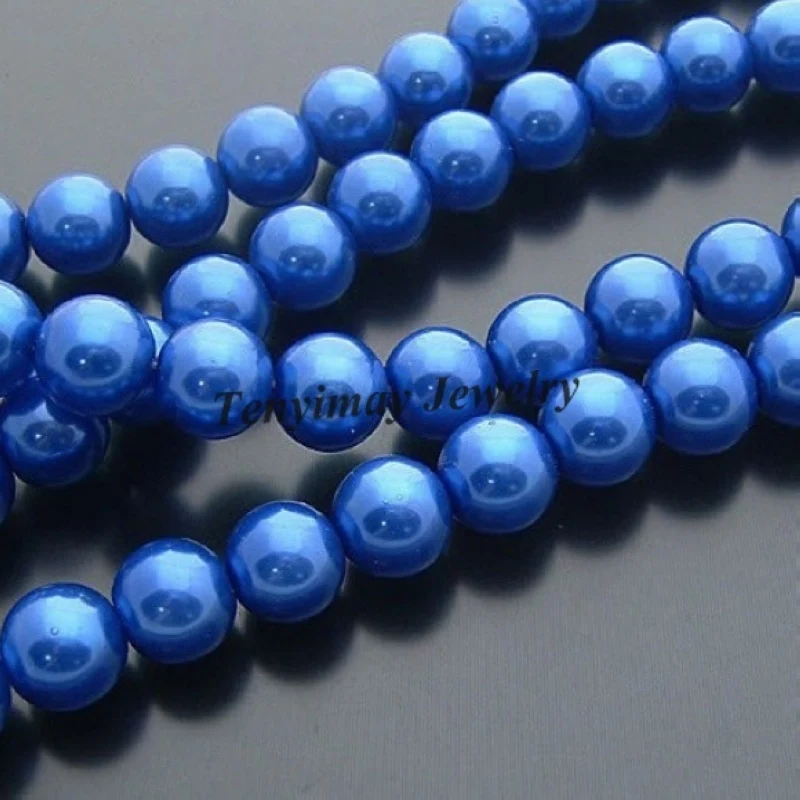 Wholesale 5 Strands 85cm/Strand 10mm Blue Glass Imitation Pearl Loose Beads For DIY