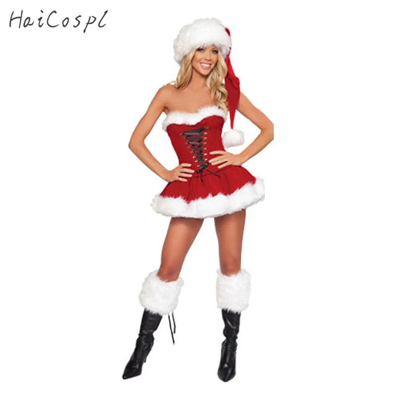 Costume di natale di capodanno taglie forti per donna vestito Sexy rosso Cosplay + cappello fantasia femminile adulta