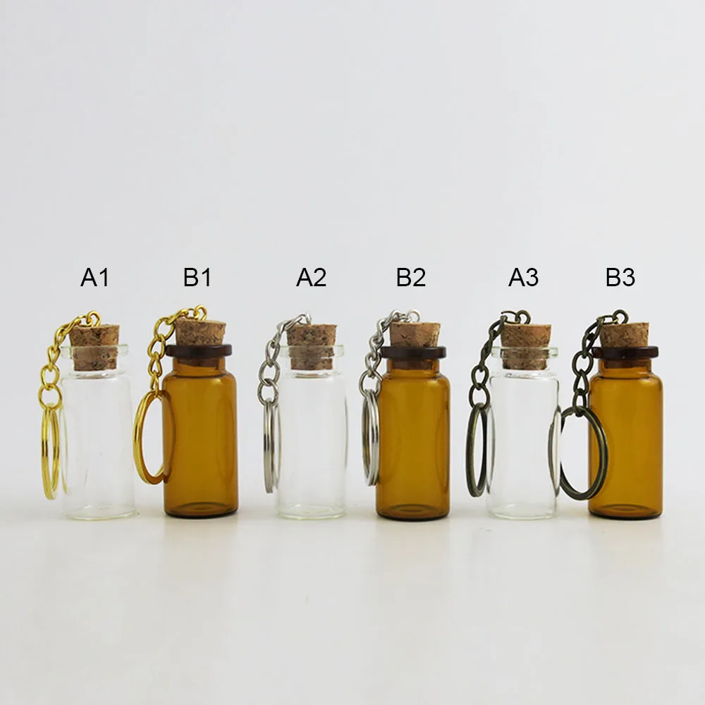 30 x 10ml Amber Glass Bottle Cork Pendant Vial Key Chain  1/3OZ Transparent Pendant Bottles For Gift Wedding Using