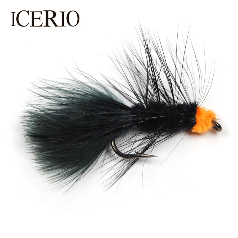 ICERIO 8PCS #6 Black Body Orange Egg Sucking Leech Streamer Flies Salmon Fly Fishing Lures