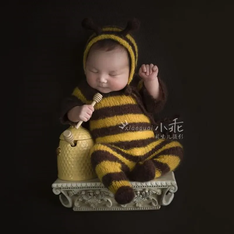 Accesorios de fotografía de mohair para bebé recién nacido, mono de abeja suave para bebé con conjunto completo de sombrero, accesorios de monos de