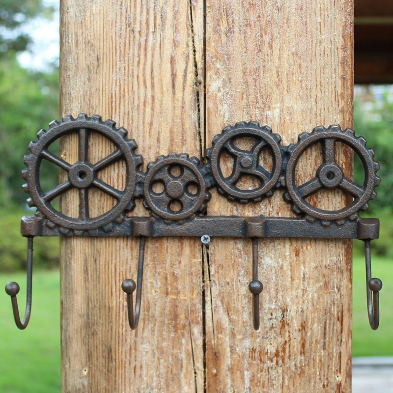 Retro Wheels Cast Iron Wall Mounted Hook In Big Small Size With Four Hangers Farm House Accents Home Garden Decor Metal Racks