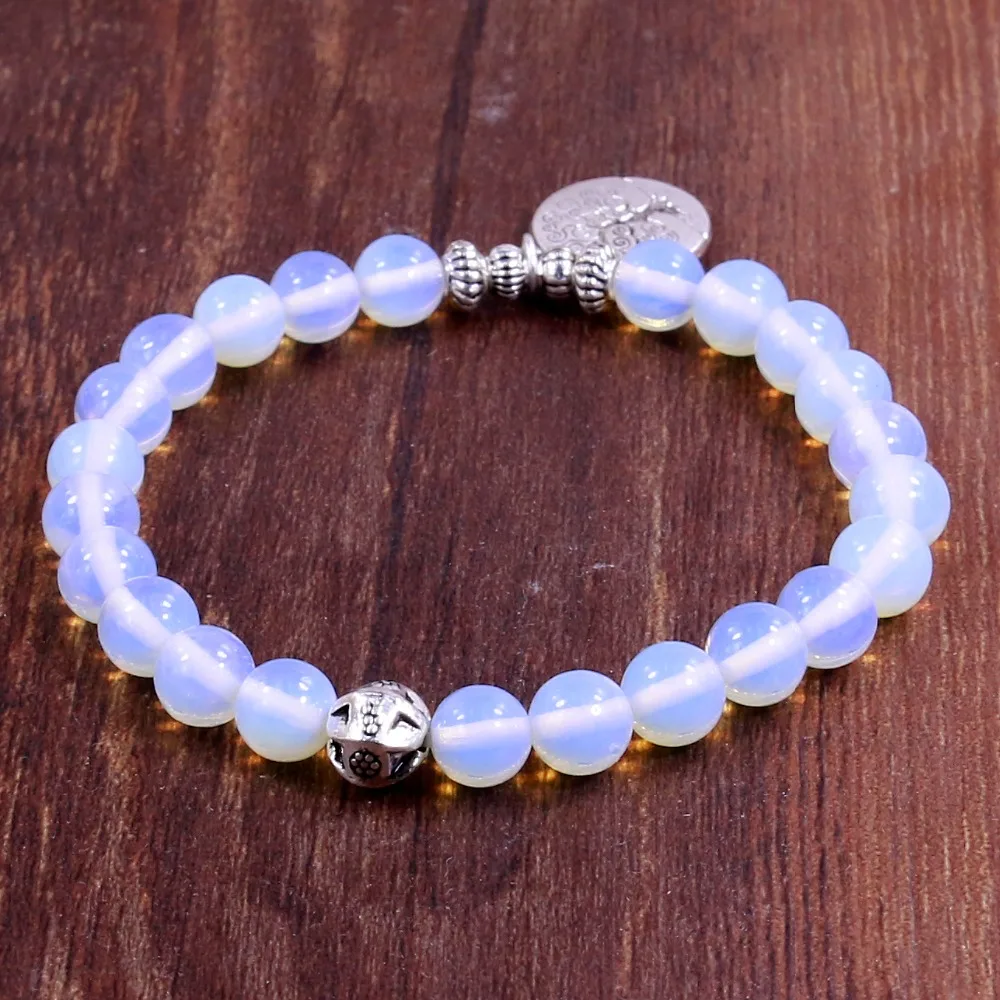 Tree Life Buddha Beads Bracelet Charm Elastic White Moonstone Natural Stone  Strand Bracelet Women Bracelet Men Jewelry