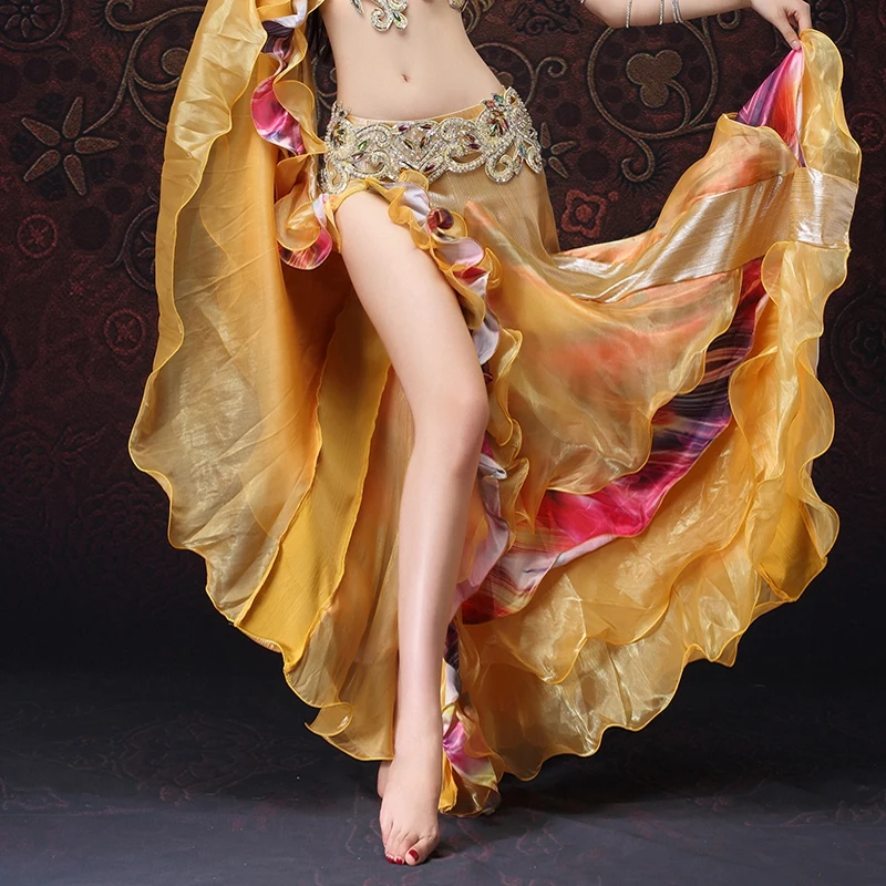 Egyptian Style Bellydance Clothing Long Full Circle Wrapped Skirts Floral Side Slit Women Belly Dance Skirts with Ruffle