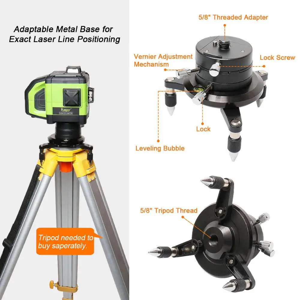 Huepar-Electronic Auto-Nivelamento 3D Green Beam Laser Level, 3x360 Linha Cruzada, Nivelamento de Três Planos, Alinhamento-Função de Inclinação Dupla