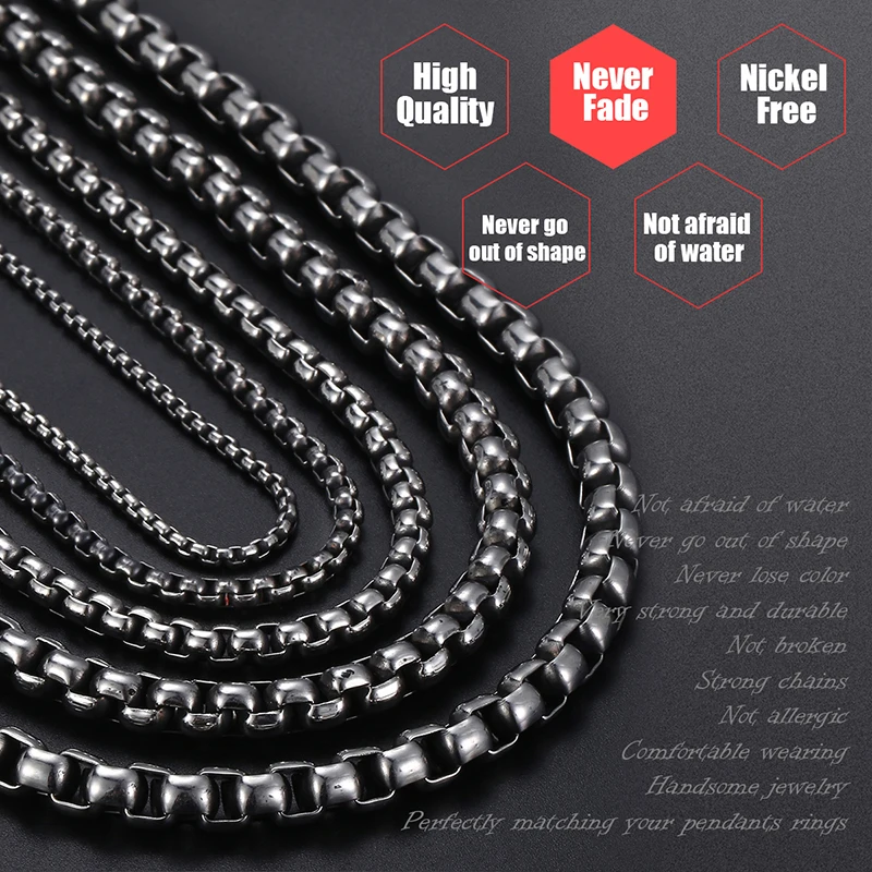 Trendsmax 2-6mm Stainless Steel Necklace For Men Women Gunmetal Color Round Box Link Chain Necklace Men Jewelry 18-36inch KNM06