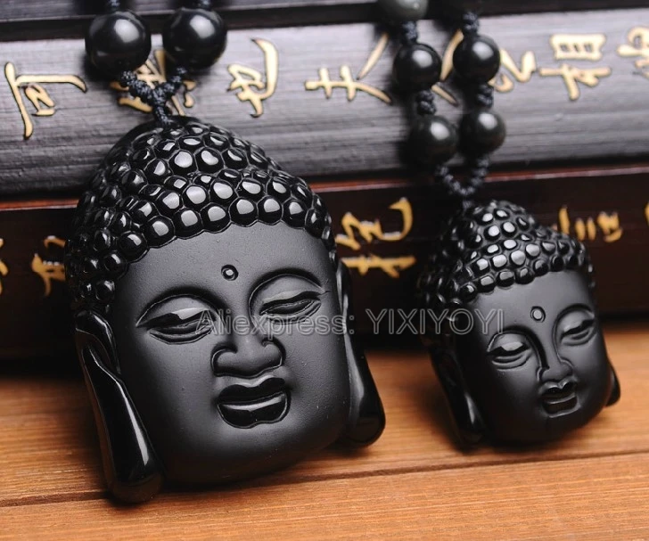 Natural Genuine Black Obsidian Carved Chinese Buddha Head Lucky Pendant Amulet Necklace for Woman Man Trendy Gift Jewelry