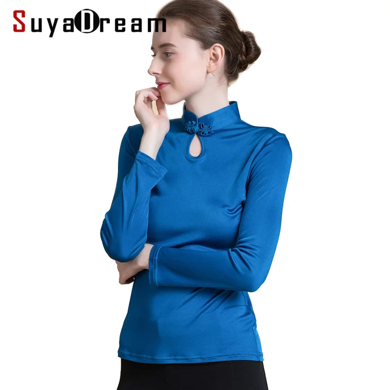 SuyaDream Women T shirt 100% Natural silk Long sleeved shirt for Women Chinese Frog Stand collar 2021 FALL Winter Bottoming Top