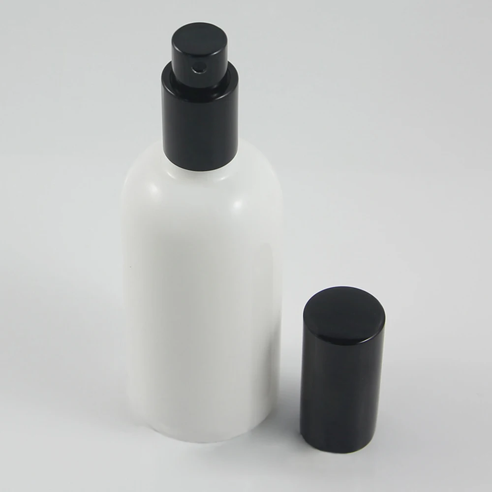 50pcs wholesale empty 100ml round white  bottle with black mist spray pump, glass cosmetic botte 100ml