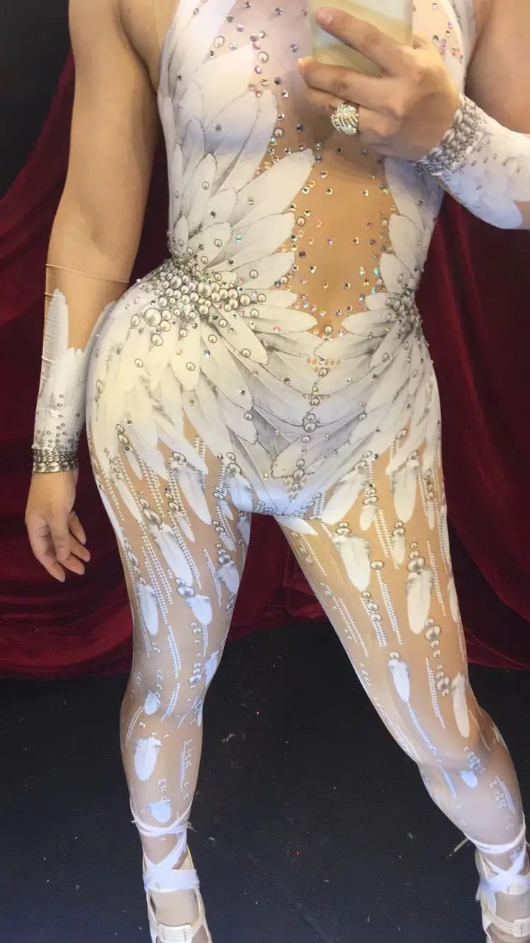 بدلة قفز نسائية جديدة لعام 2020 مصنوعة من حجر الراين اللامع ومطبوعة بكريستال ثوب فضفاض مثير للحفلات والاحتفال بالزي ملابس المسرح