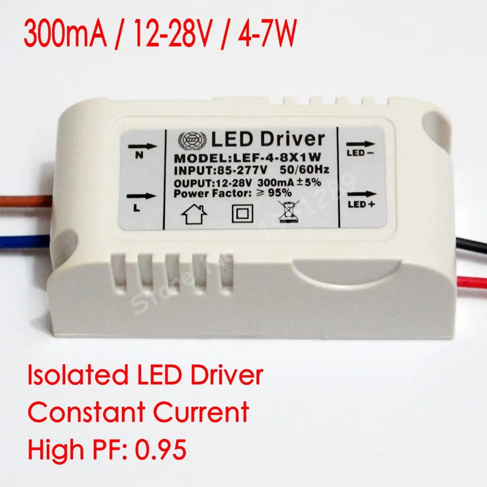 Hihg PF Isolated 300mA 4-7x1W Led Driver 4W/5W/6w/7W Power Supply DC 12V - 28V AC 110V 220V 277V for LED lights