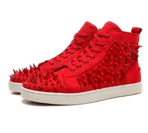 Qianruiti Men Spiked Sneakers High Top Rivets Studded Shoes Platform Flats Lace Up Casual Shoes Black White Red Gold