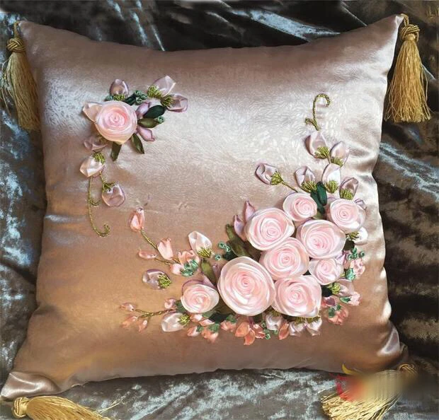 1 sztuk 40x40 cm kwiat czerwonej róży szczęśliwy drzewo wstążka zestaw do haftowania poszewka na poduszkę zestaw rzemieślnicze DIY handmade robótki