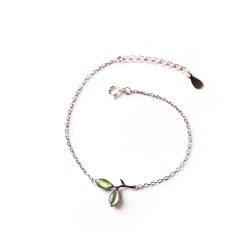 MloveAcc 925 Sterling Silver Opal Green Leaves Buds Charm Bracelets Simple Accessories Bracelet for Women High Quality Jewelry