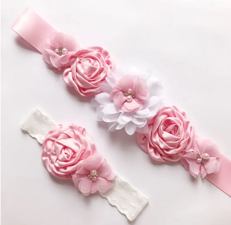 Hot Selling~Multi-color Pearl and Rose Decorated Ribbon Flower Girl Dress Belt with hair Band/DIY Dress Belt 200