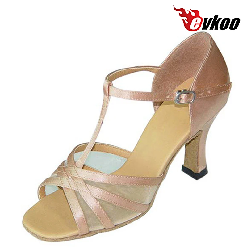 Evkoodance T-strap latino Tango Salsa scarpe da ballo donna 7cm altezza tacco nero Tan Khaki scarpe da ballo Evkoo-136 scarpe personalizzate