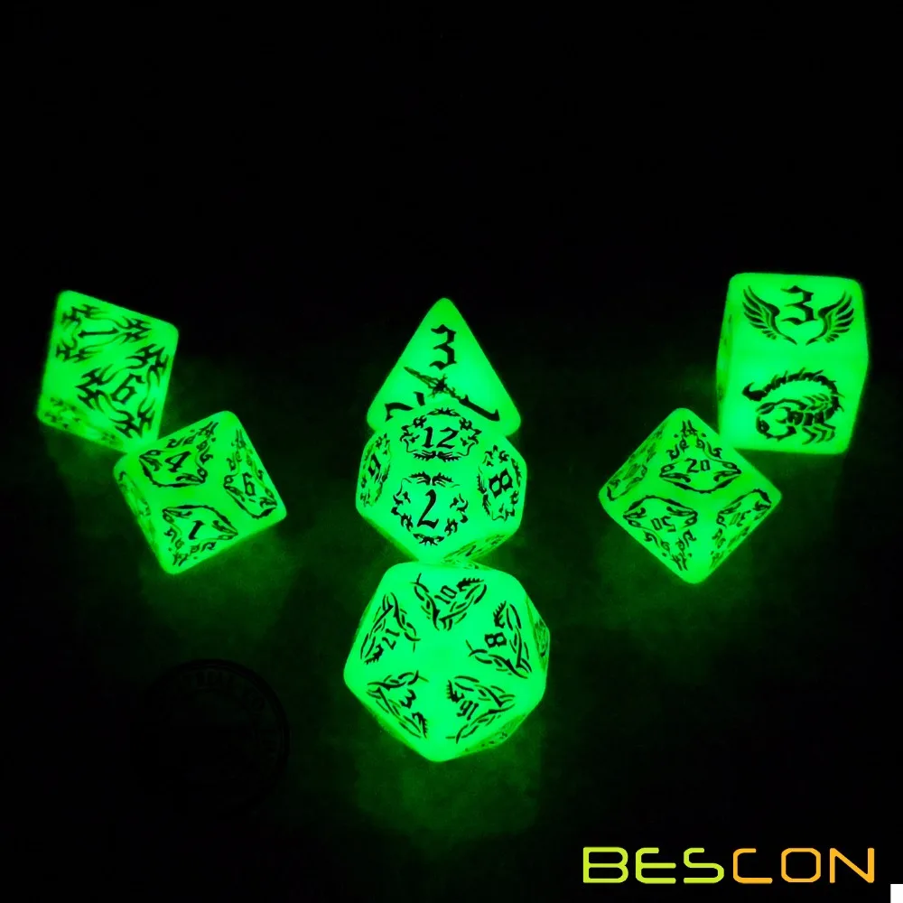 BESCON DARK ELVES Glowing Dice Set (7 piece), Oversized GLOW IN DARK Carved Role Playing Games RPG Dice Set