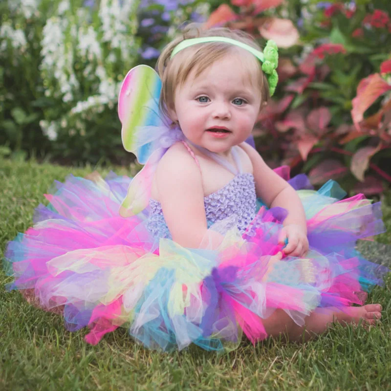 Princess Baby Rainbow Couture Tutu Dress with Flower Headband Halloween Birthday Costume Girls Photo Props TS125