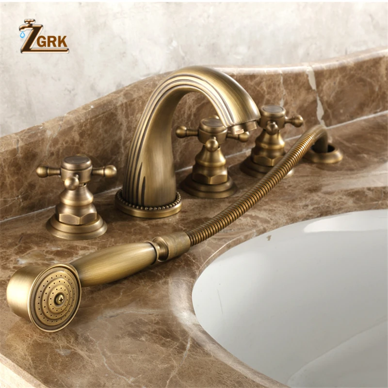 ZGRK Brass Classtic Bathtub Mixer Faucet Set with Handheld Shower Deck Mounted 5 Holes Hot and Cold Taps