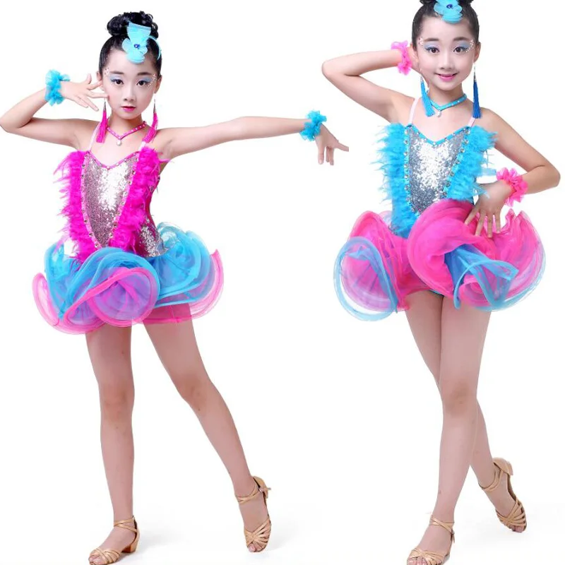 Girls Jazz dancewear costume Kids Modern Latin Sequined Ballroom Party Dancing Dress Child Dancing tutu dress clothes For Girls