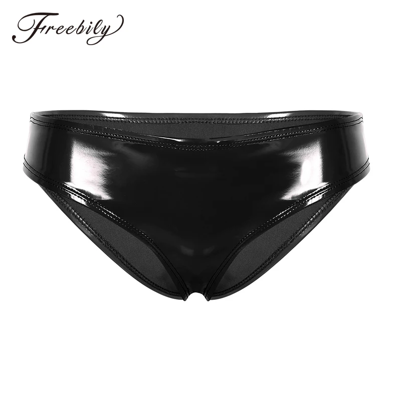 

Women Wetlook Patent Leather Latex Panties Lingerie Low Rise High Cut Mini Bikini Briefs Solid Color Sexy Lady Thong Underwear