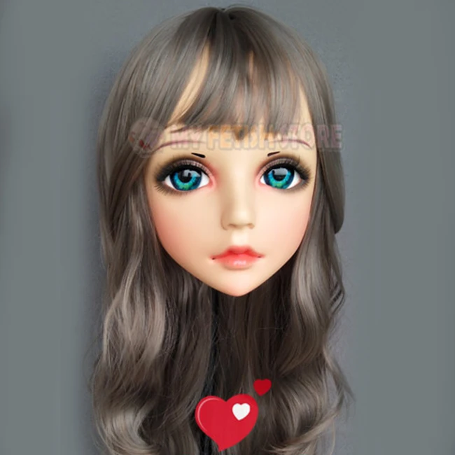 (Hua-01)Female Sweet Girl Resin Half Head Kigurumi BJD Eyes Crossdress Cosplay Japanese Anime Role Lolita Mask With Eyes And Wig