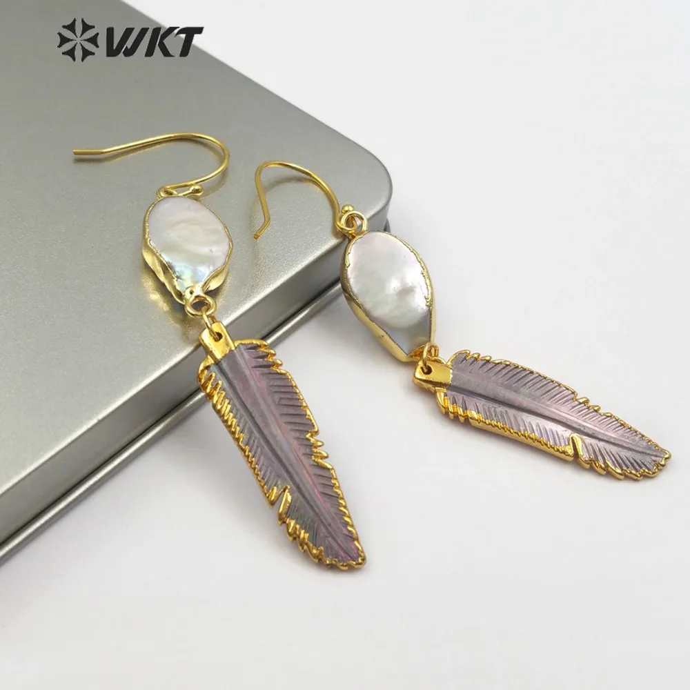 

WKT WT-E494 Classic Feather Shape Natural Shell Earrings Connector Is A Natural Pearl High Quality Female Earrings