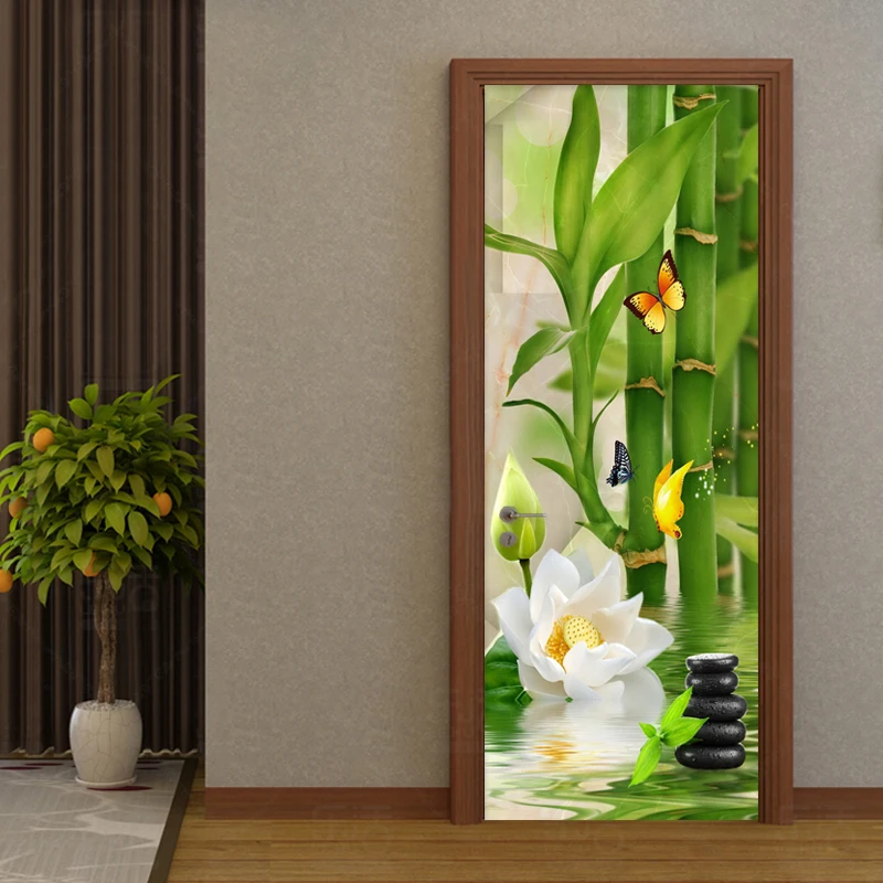 PVC Waterproof 3D Stereo Bamboo Door Sticker Wallpaper Living Room Study Background Wall Covering Mural Chinese Style Home Decor