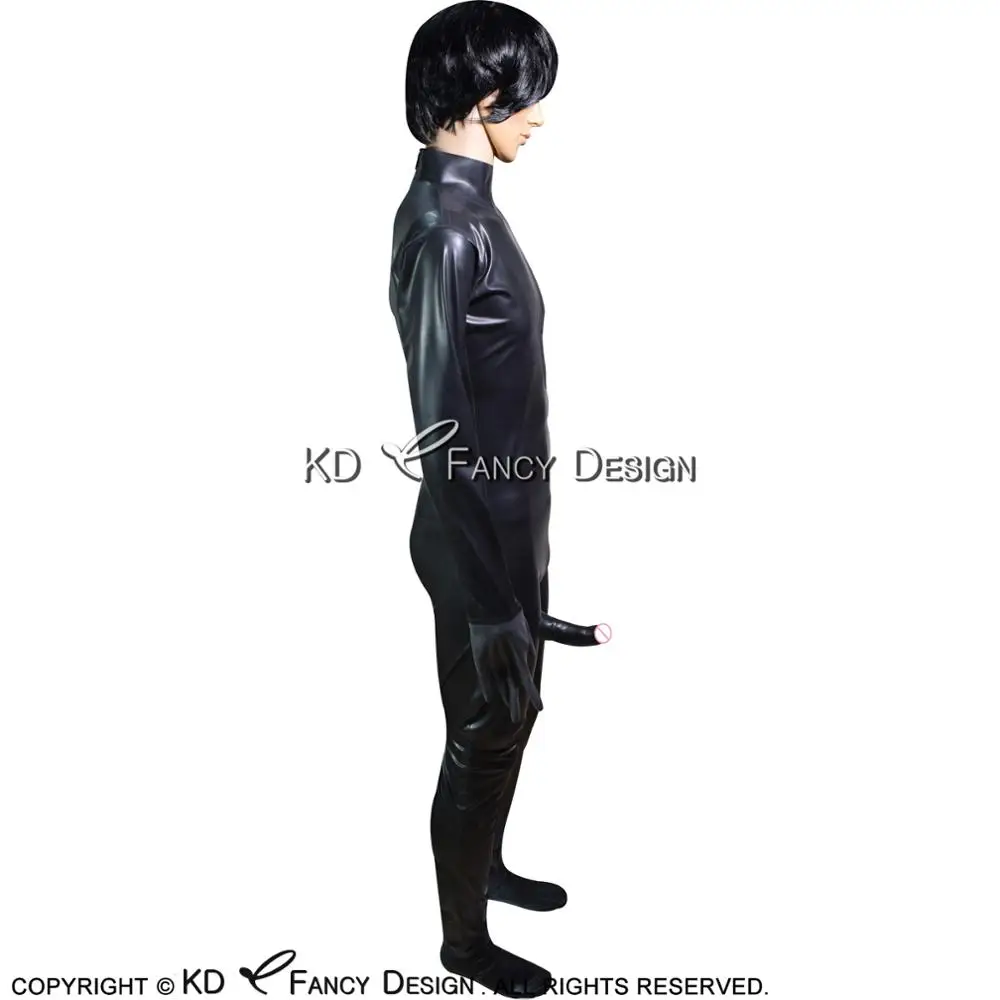 Black Sexy Latex Catsuit With Feet And Gloves Penis Sheath Back Zipper Rubber Bodysuit Overall Zentai LTY-0142