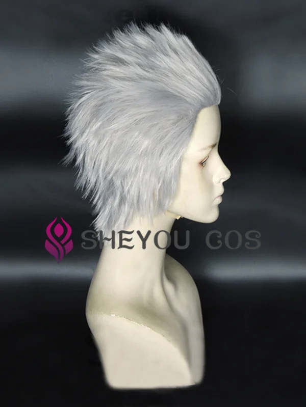 Vergil Cosplay Wig Short Silver Slicked-back Hair Heat Resistant Cosplay Costumes Halloween Cos Hair Wigs + Wig Cap