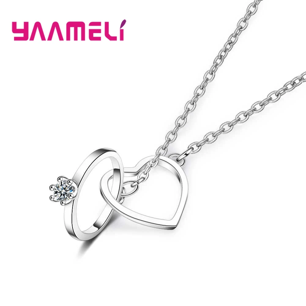 New Arrival Solid 925 Sterling Silver 2 Combine Pendant Necklace For Women Girls Shiny Cubic Zirconia Jewelry Crystal