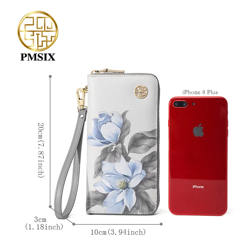 PMSIX Cow leather Women\'s Wallet Card Bag Long Zipper Purse Female Clutch Card Bags Fashion Floral Print Mobile Phone Bag