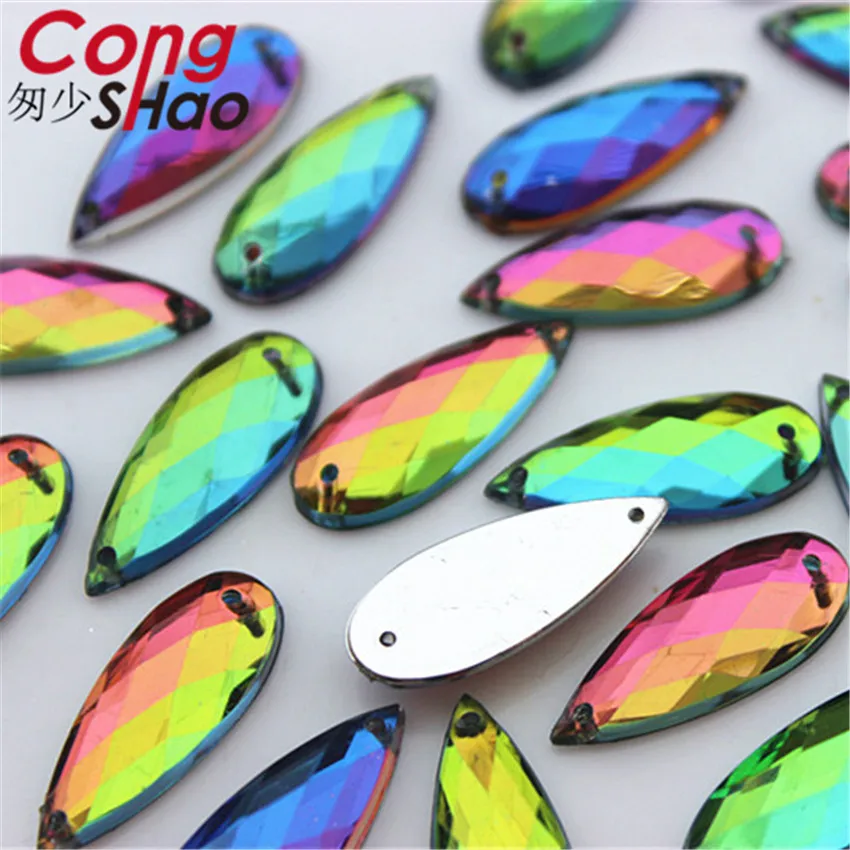 Cong Shao 100pcs 8*21/8*28mm Rainbow color Crystal Stones Acrylic Rhinestone Flat Back  sewing 2 Hole Wedding Dress Button CS338