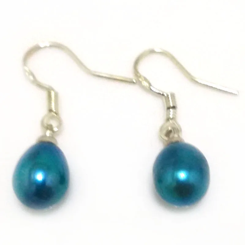 Wholesale 7-8mm Teal Blue Natural Rainrdrop Freshwater Cultured Pearl 925 Sterling Silver Hooked Earring