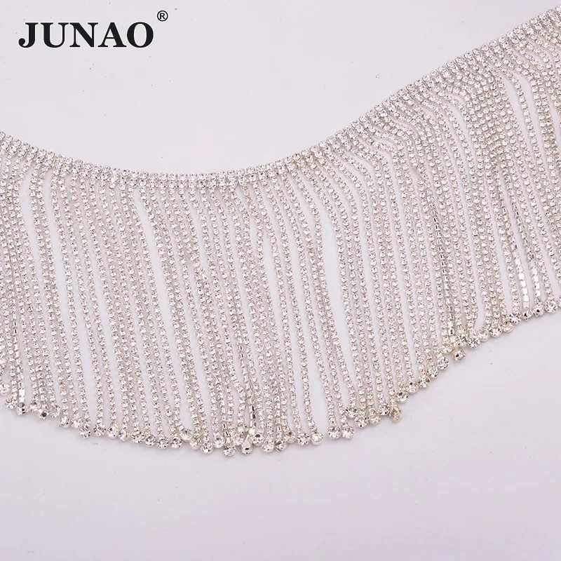 JUNAO 45cm Sewing Crystal AB Rhinestones Fringe Chain Glass Stones Tassel Metal Trim Crystal Applique Strass Tape for Dress DIY