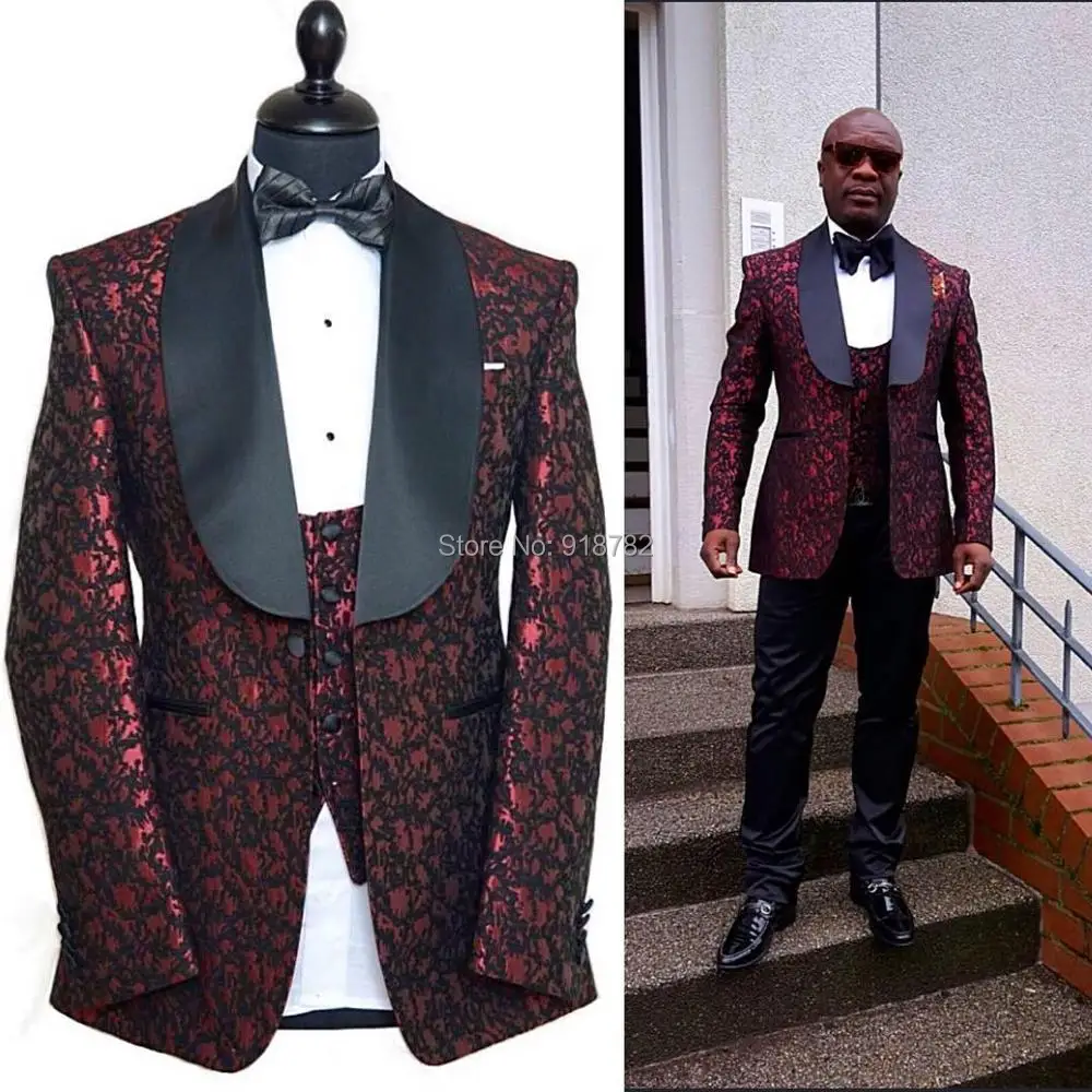 

Terno Masculino 2024 Burgundy Velvet Floral Male Suit Groom Wear Mens Tuxedo Suits For Wedding Prom Blazer 3 Piece Suit