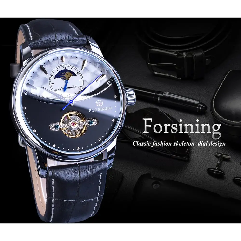 Forsining Man Watch Relogio Automatic Mechanical Black White Moon Phase Business Skeleton Tourbillon Leather Band Masculino 2019