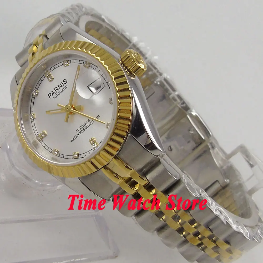 Parnis 26mm Ladies Watch  Miyota 6T51 Sapphire Glass Automatic Movement Womens Wristwatch Date Silver Dial Golden Bezel