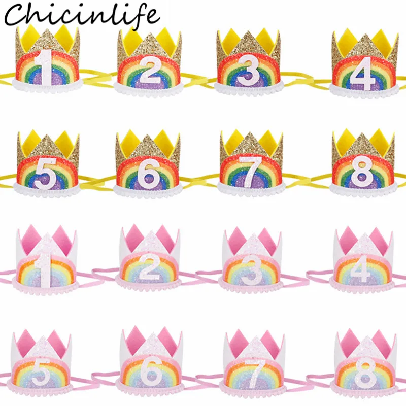 1Pcs Number Rainbow 1 2 3 4 5 6 7 8 Year Birthday Crown Headband Hat Boy Girl 1st Birthday Party Props Caps Anniversary Supplies