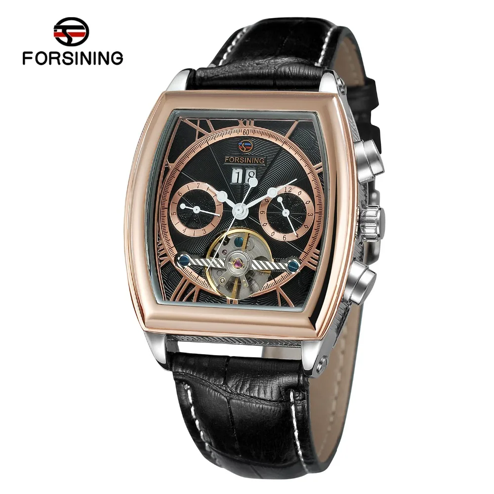 

Brand Mens Automatic Sef-wind Movement Branded Clock With Complete Calendar Tonneau Shape Leather Luxury Wrist Watches