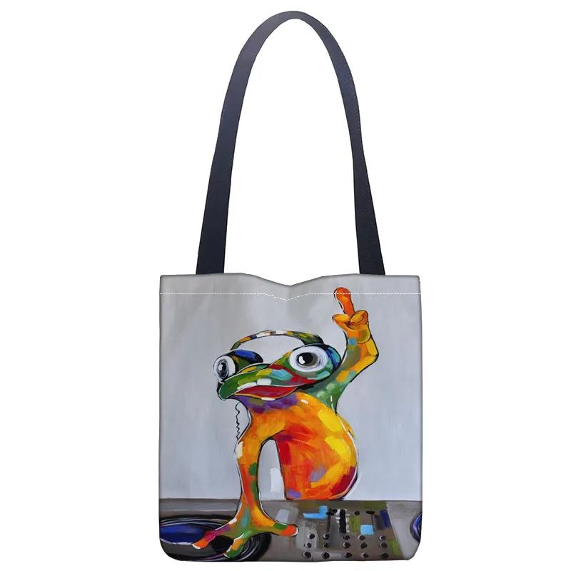 Custom  frog painting paint printing shoulder bag canvas tote bag shopping travel book handbag custom logo