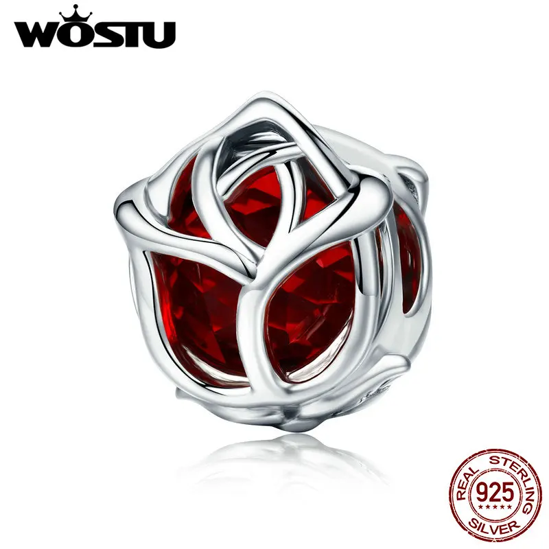 

WOSTU New Genuine 925 Sterling Silver Romantic Red Crystal Openwork Rose Beads For Fashion Original Women Charm Bracelet CQC568