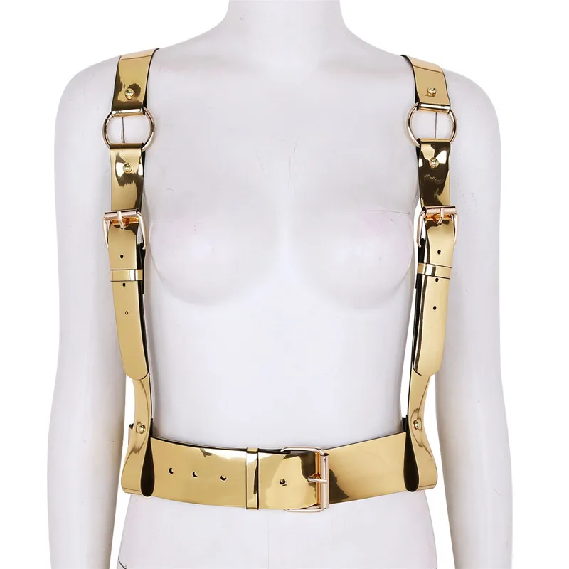 TiaoBug Fashion Gold Unisex Punk Faux Lederen Vrouwen Mannen Body Borst Harnas Taille Bondage Riem Club Wear Sexy Rave Party riem Top